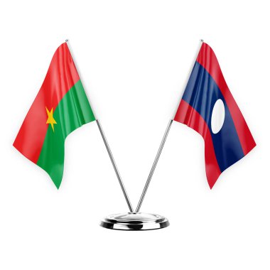 Two table flags isolated on white background 3d illustration, burkina faso and laos