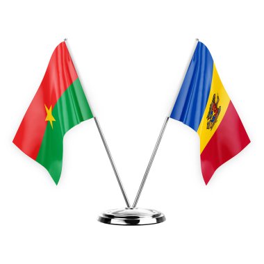Two table flags isolated on white background 3d illustration, burkina faso and moldova
