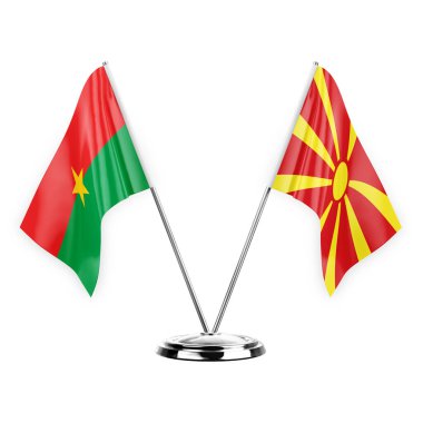 Two table flags isolated on white background 3d illustration, burkina faso and north macedonia
