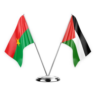 Two table flags isolated on white background 3d illustration, burkina faso and palestine