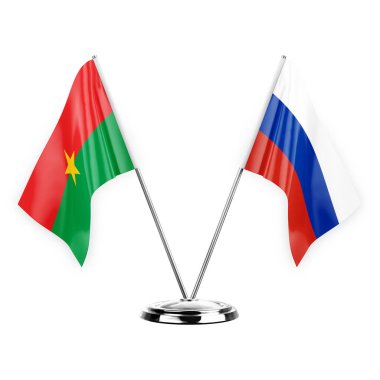 Two table flags isolated on white background 3d illustration, burkina faso and russia