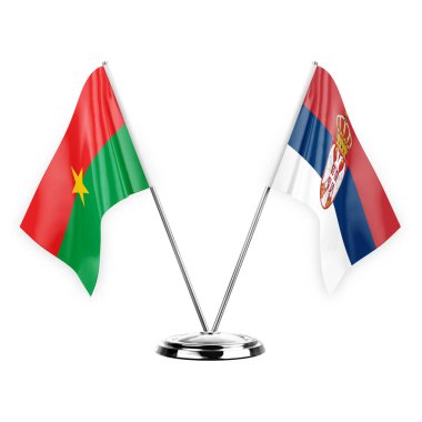 Two table flags isolated on white background 3d illustration, burkina faso and serbia
