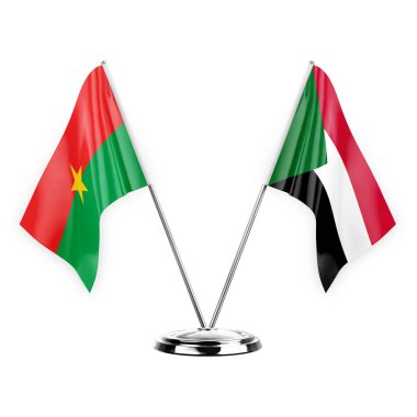 Two table flags isolated on white background 3d illustration, burkina faso and sudan