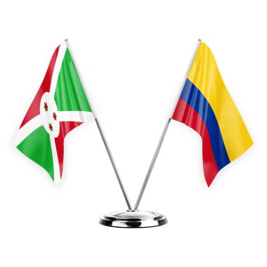 Two table flags isolated on white background 3d illustration, burundi and colombia