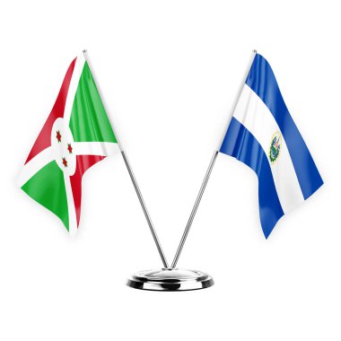 Two table flags isolated on white background 3d illustration, burundi and el salvador