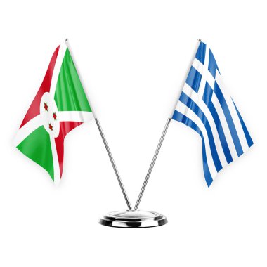 Two table flags isolated on white background 3d illustration, burundi and greece