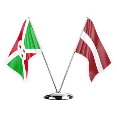 Two table flags isolated on white background 3d illustration, burundi and latvia
