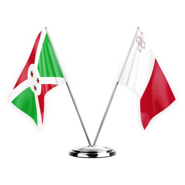 Two table flags isolated on white background 3d illustration, burundi and malta