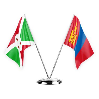 Two table flags isolated on white background 3d illustration, burundi and mongolia