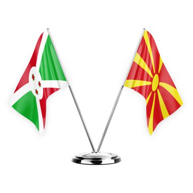 Two table flags isolated on white background 3d illustration, burundi and north macedonia