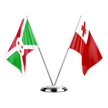 Two table flags isolated on white background 3d illustration, burundi and tonga