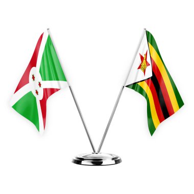 Two table flags isolated on white background 3d illustration, burundi and zimbabwe