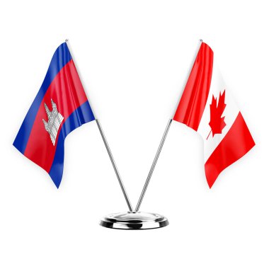 Two table flags isolated on white background 3d illustration, cambodia and canada
