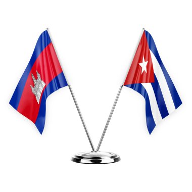 Two table flags isolated on white background 3d illustration, cambodia and cuba