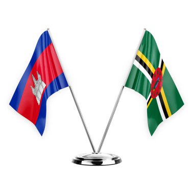 Two table flags isolated on white background 3d illustration, cambodia and dominica