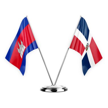 Two table flags isolated on white background 3d illustration, cambodia and dominican republic