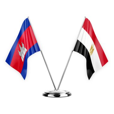 Two table flags isolated on white background 3d illustration, cambodia and egypt