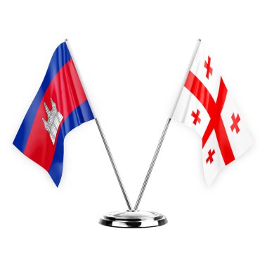 Two table flags isolated on white background 3d illustration, cambodia and georgia
