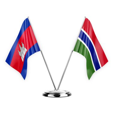 Two table flags isolated on white background 3d illustration, cambodia and gambia