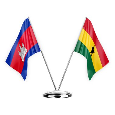 Two table flags isolated on white background 3d illustration, cambodia and ghana