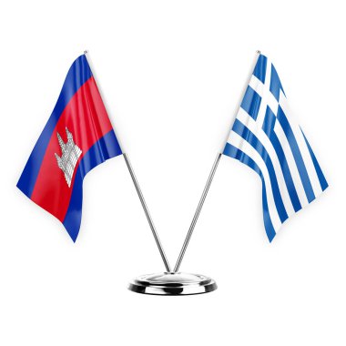Two table flags isolated on white background 3d illustration, cambodia and greece