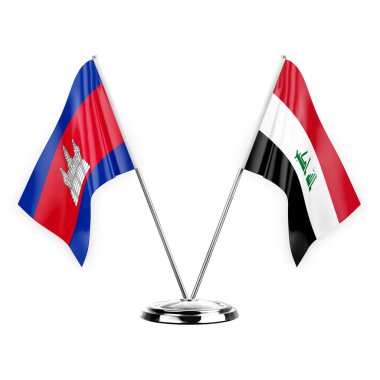 Two table flags isolated on white background 3d illustration, cambodia and iraq