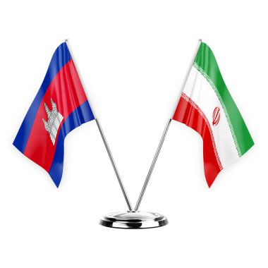 Two table flags isolated on white background 3d illustration, cambodia and iran