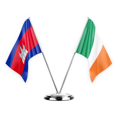 Two table flags isolated on white background 3d illustration, cambodia and ireland