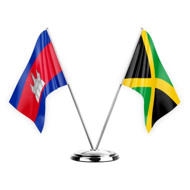 Two table flags isolated on white background 3d illustration, cambodia and jamaica
