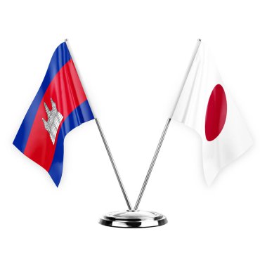 Two table flags isolated on white background 3d illustration, cambodia and japan