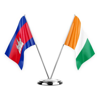 Two table flags isolated on white background 3d illustration, cambodia and ivory coast