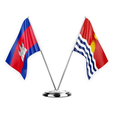 Two table flags isolated on white background 3d illustration, cambodia and kiribati