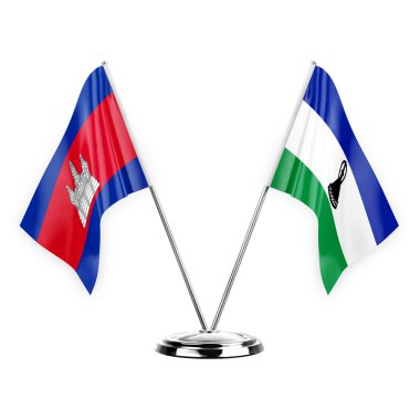 Two table flags isolated on white background 3d illustration, cambodia and lesotho