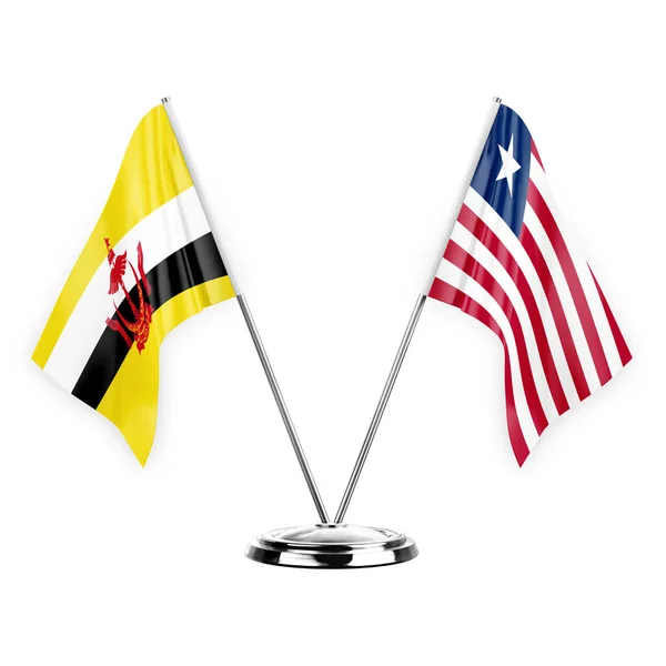 Two Table Flags Isolated White Background Illustration Brunei Liberia — Stockfoto