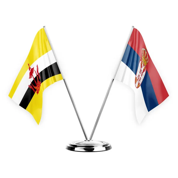 Two Table Flags Isolated White Background Illustration Brunei Serbia — стокове фото