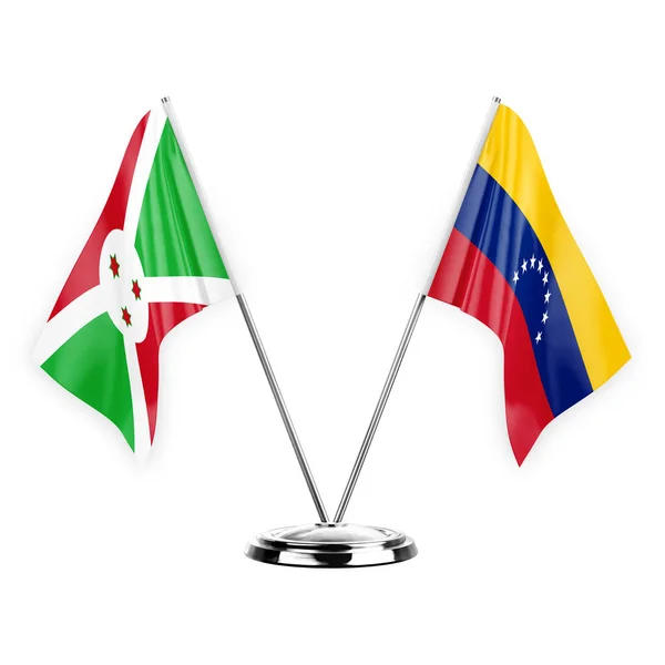 白い背景の3Dイラスト ブルンジとベネズエラに隔離された2つのテーブルフラグ — ストック写真