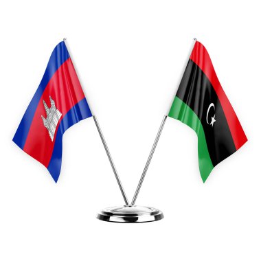 Two table flags isolated on white background 3d illustration, cambodia and libya