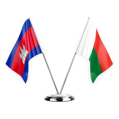Two table flags isolated on white background 3d illustration, cambodia and madagascar