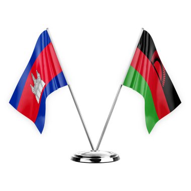 Two table flags isolated on white background 3d illustration, cambodia and malawi