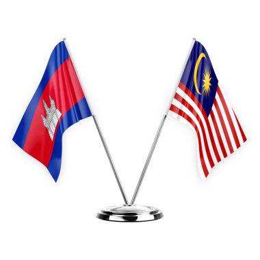Two table flags isolated on white background 3d illustration, cambodia and malaysia