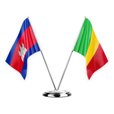 Two table flags isolated on white background 3d illustration, cambodia and mali