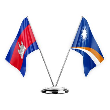 Two table flags isolated on white background 3d illustration, cambodia and marshall islands