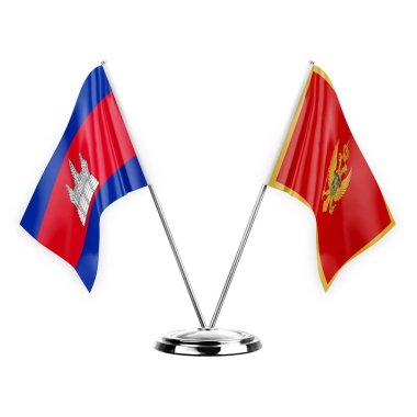 Two table flags isolated on white background 3d illustration, cambodia and montenegro
