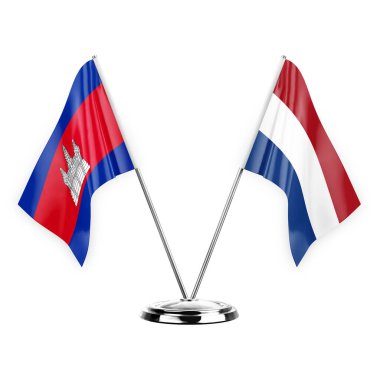 Two table flags isolated on white background 3d illustration, cambodia and netherlands