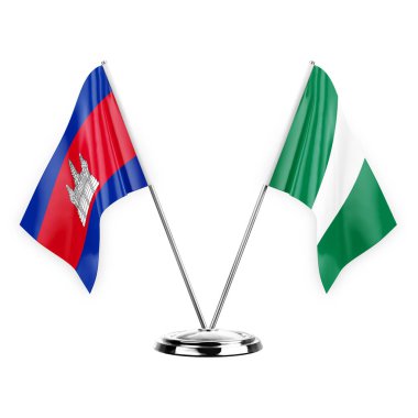 Two table flags isolated on white background 3d illustration, cambodia and nigeria