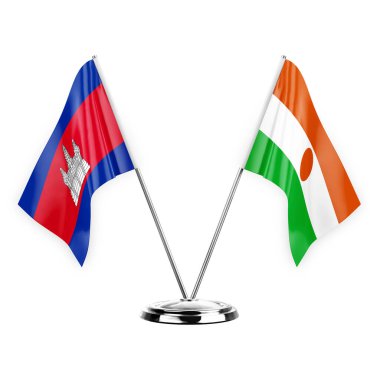 Two table flags isolated on white background 3d illustration, cambodia and niger