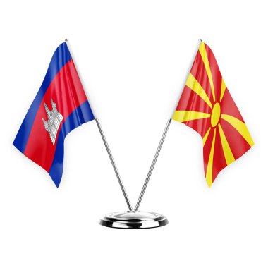 Two table flags isolated on white background 3d illustration, cambodia and north macedonia
