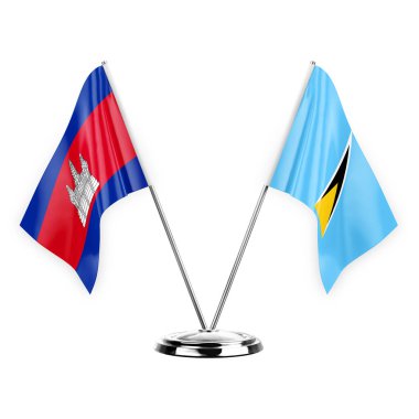 Two table flags isolated on white background 3d illustration, cambodia and saint lucia