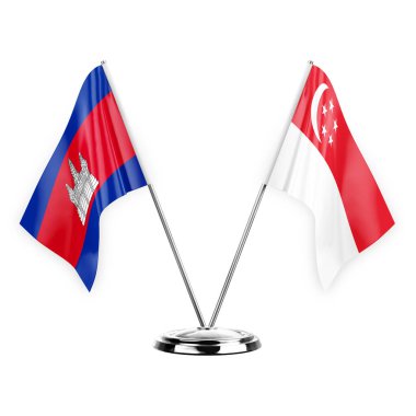 Two table flags isolated on white background 3d illustration, cambodia and singapore