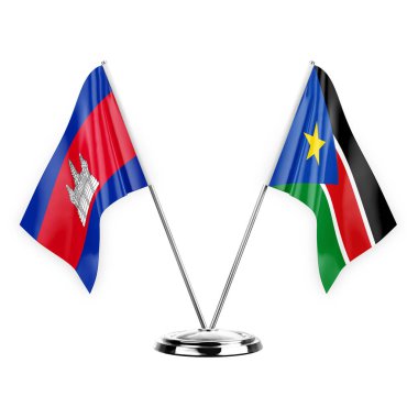 Two table flags isolated on white background 3d illustration, cambodia and south sudan